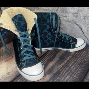 Coach Blue Canvas Shearling High-Top Sneakers
